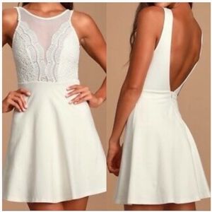 Lulu's I Promise white skater dress mesh accents plunging back size XS
